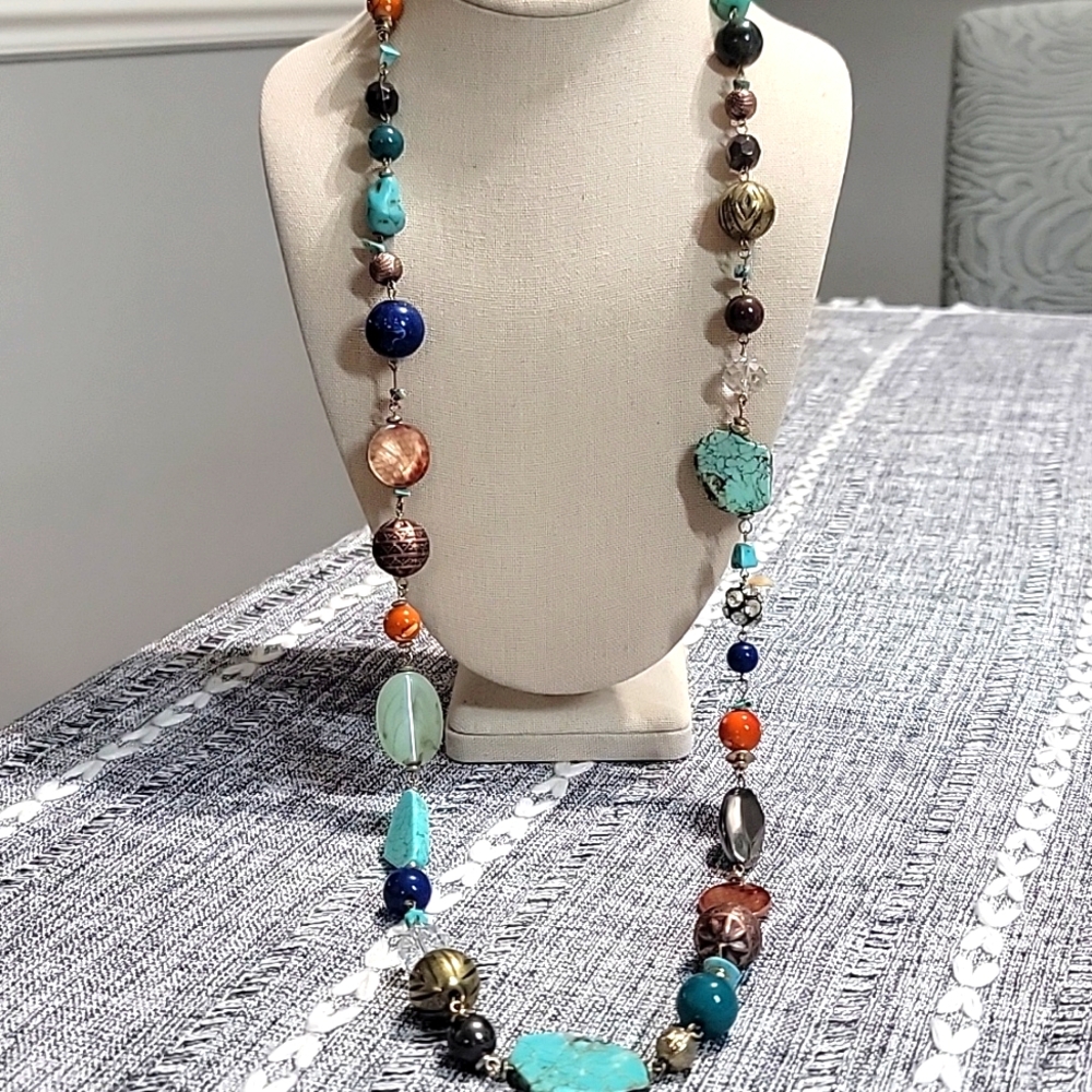 Bohemian Turquiose Multicolor Beaded Gemstone Necklace 38" - Picture 2 of 2